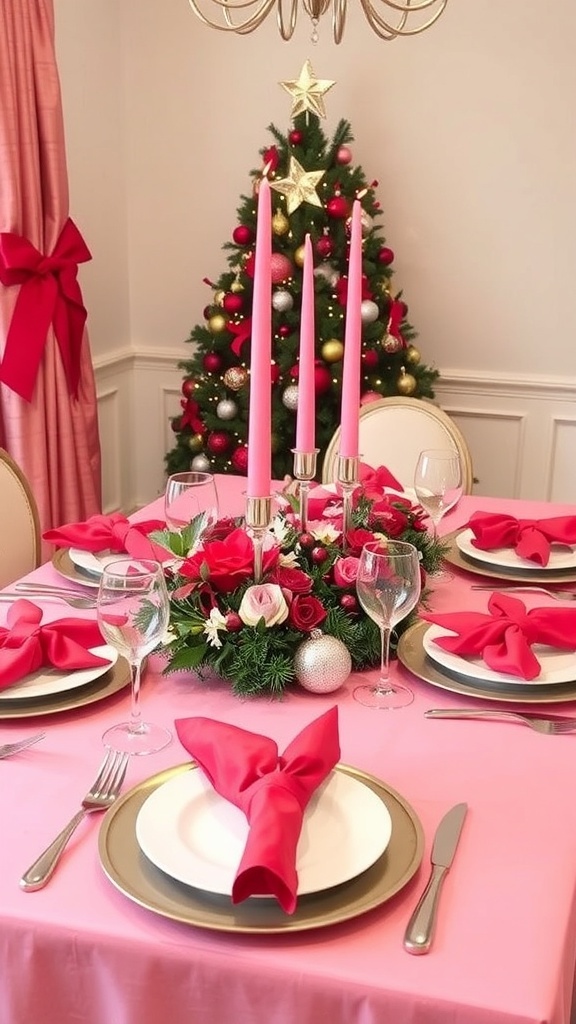 A Christmas table setting with pink and red decorations, featuring candles, flowers, and elegant dinnerware.